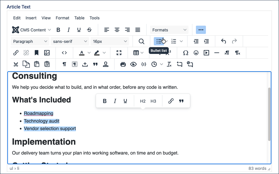Bullet list icon highlighted in the toolbar with tooltip reading Bullet list, the three items now shown as a bulleted list