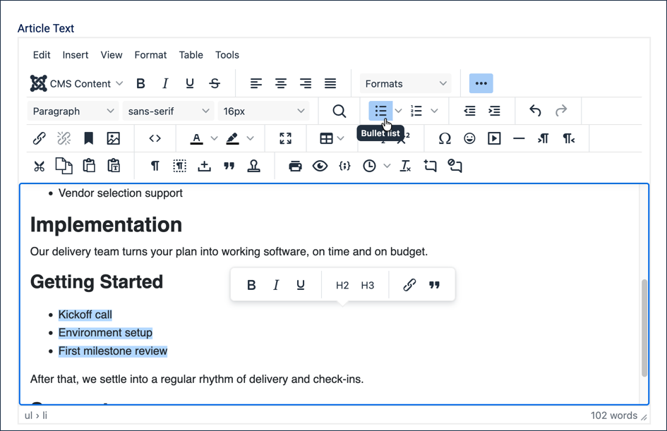 Bullet list icon highlighted in the toolbar, Getting Started items now shown as a bulleted list, all three selected