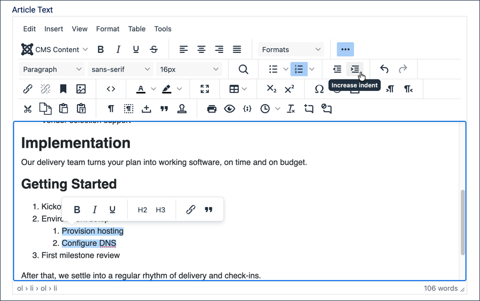 Provision hosting and Configure DNS indented as a nested numbered sub-list under Environment setup, Increase indent icon highlighted