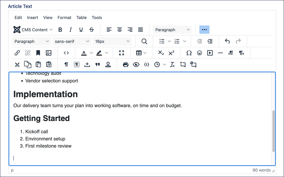 Cursor in a new empty paragraph directly below the finished three-item numbered list