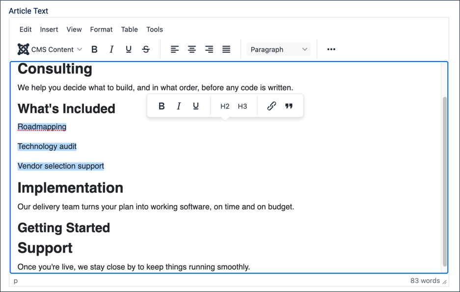 Roadmapping, Technology audit, and Vendor selection support selected as three separate paragraphs, popup toolbar visible above them