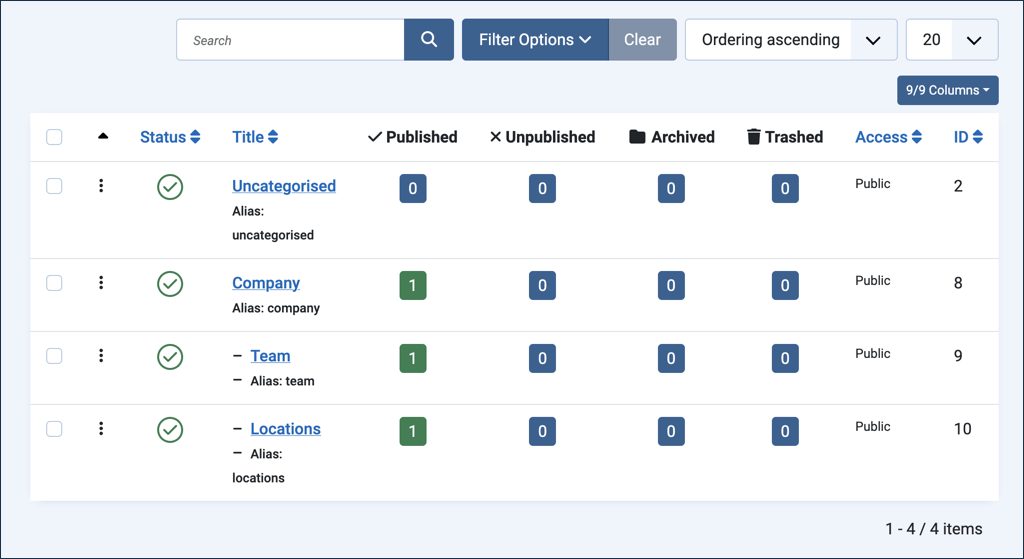 Categories list showing Company with Team and Locations nested underneath, each with one published article