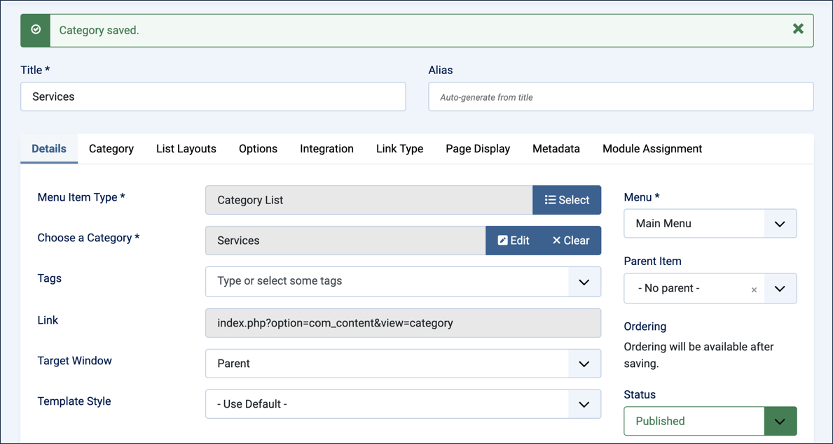 Prefilled menu item form with Menu Item Type Category List and Choose a Category Services