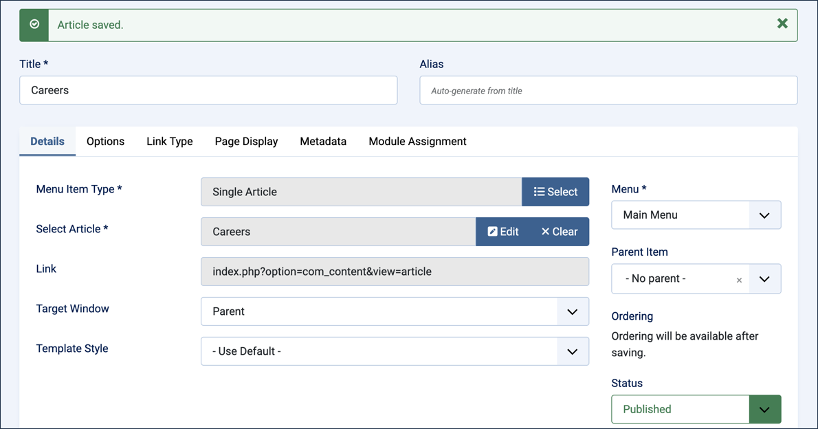 Prefilled menu item form with Menu Item Type Single Article, Select Article Careers, and Menu Main Menu