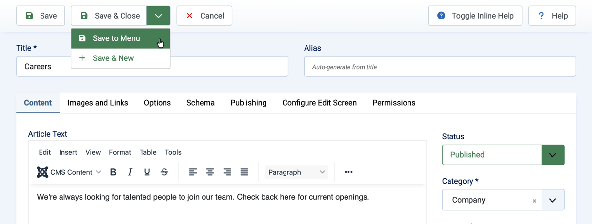 Save and Close dropdown open with Save to Menu highlighted, on the Careers article form