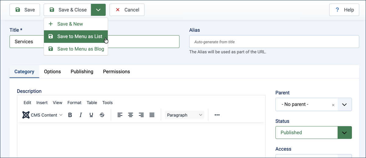 Save and Close dropdown open with Save to Menu as List highlighted, on the Services category form
