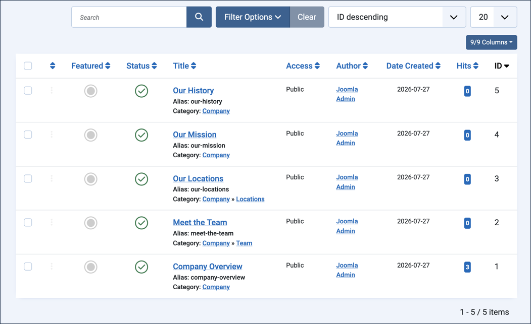 Articles list showing Our History, Our Mission, Our Locations, Meet the Team, and Company Overview with their categories