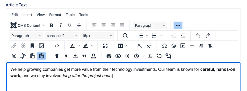 Our Services article text with the intro paragraph typed, bold applied to careful hands-on work and italic applied to long after the project ends
