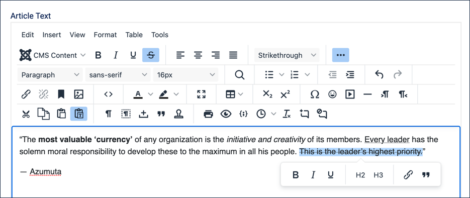 Practice text with bold, italic, underline, and strikethrough applied to different phrases, with the popup toolbar open below a highlighted phrase