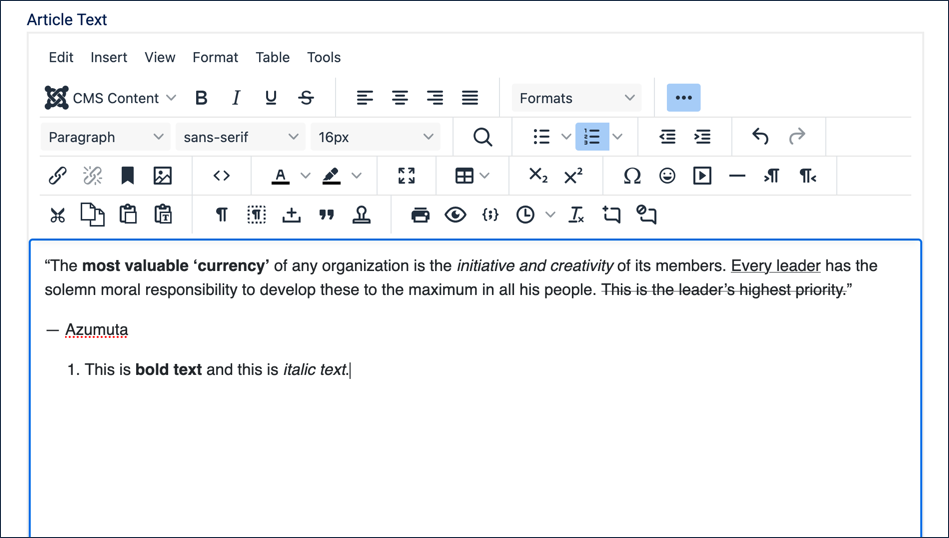 Pasted example text appearing as a numbered list item, with bold and italic formatting intact