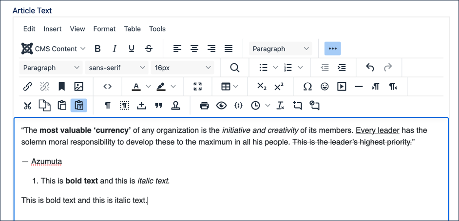 Two pastes of the example text stacked: the first as a numbered, bold and italic list item, the second below it as plain unformatted text, with the Paste as text icon highlighted in the toolbar