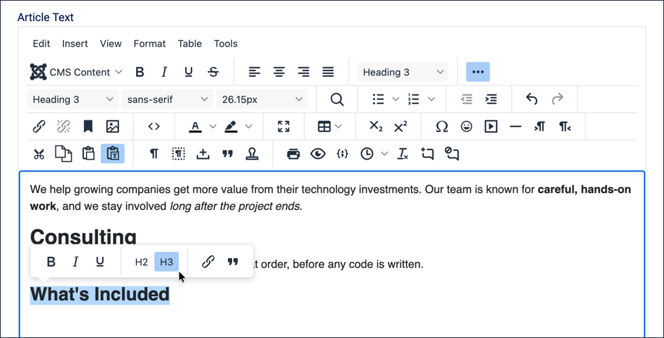 Popup toolbar with bold, italic, underline, H2, H3, link, and quote icons over the highlighted What's Included text, H3 selected