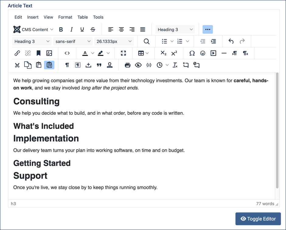 Full article outline in the editor: opening paragraph, Consulting, What's Included, Implementation, Getting Started, Support headings each with their paragraph
