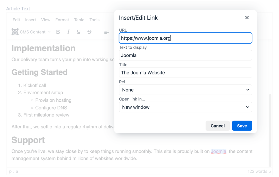 Insert/Edit Link form with URL, Text to display, Title, and Open link in fields filled in, Open link in set to New window