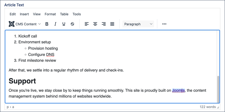 The Support paragraph with Joomla now shown as a hyperlink in the article text
