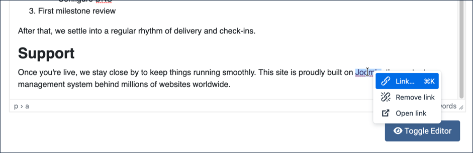 Right-click context menu over the Joomla link showing Link, Remove link, and Open link options