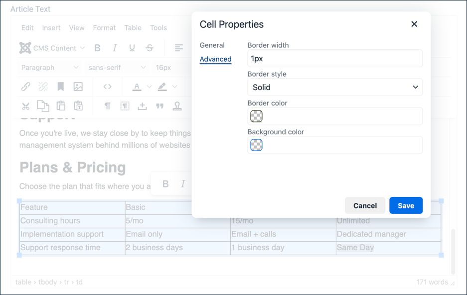 Cell Properties window, Advanced tab, Border width set to 1px and Border style set to Solid