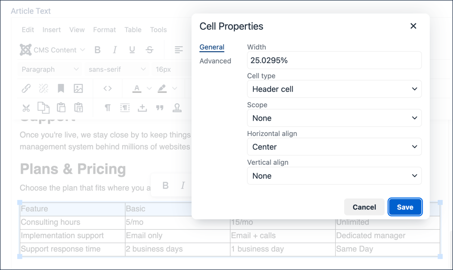 Cell Properties window, General tab, Cell type set to Header cell and Horizontal align set to Center