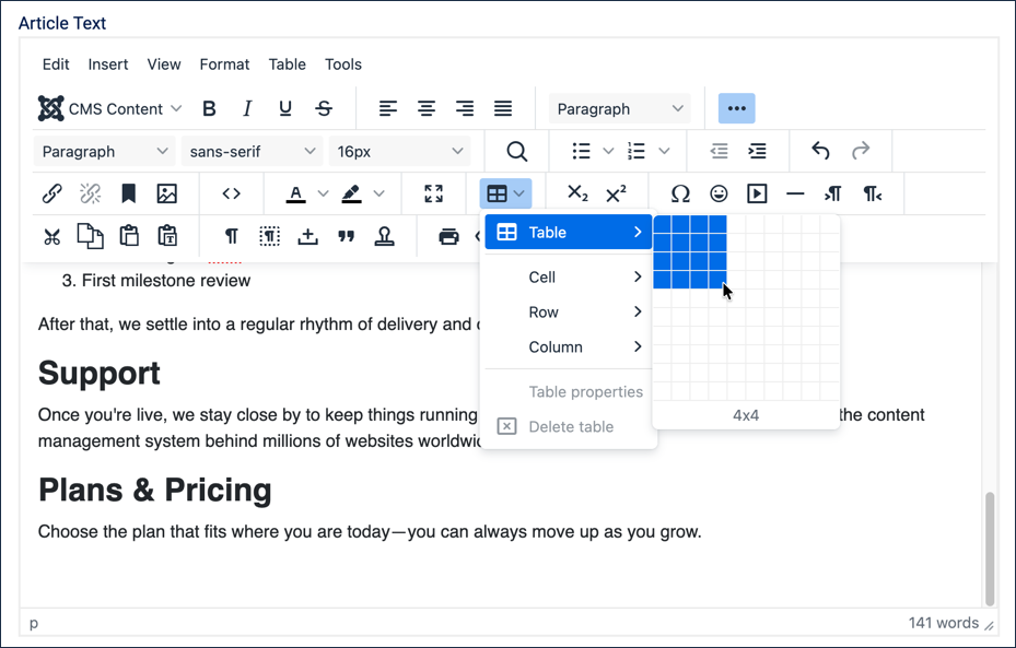 Table menu open with the size-picker grid showing a 4 by 4 selection highlighted