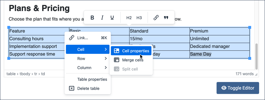 Right-click menu over the highlighted table with Cell submenu open, Cell properties highlighted