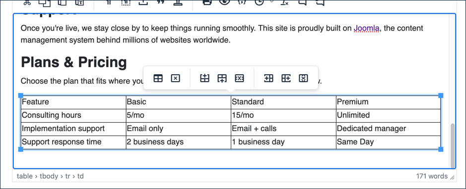 Filled-in table with no borders yet applied, contextual table toolbar visible above it