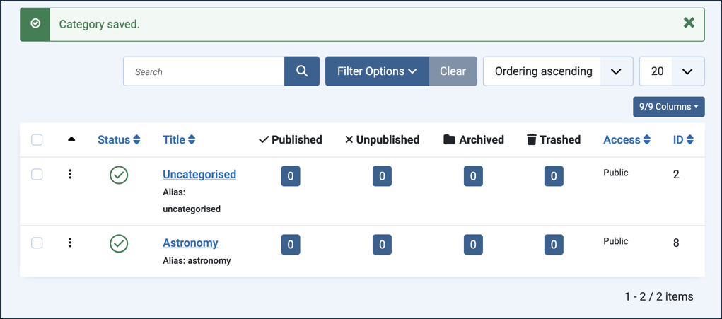 Categories list showing the new Astronomy category added