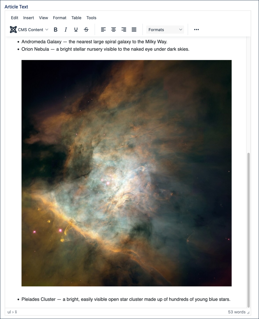The Orion Nebula image inserted within a list item, between the Andromeda Galaxy and Pleiades Cluster items