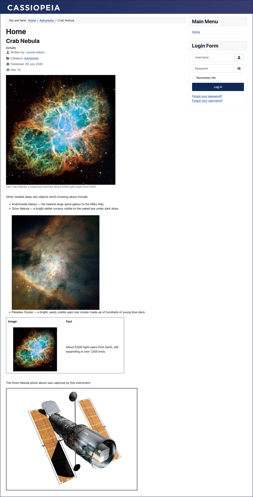 The finished article in Preview, showing the captioned image, the list with its inline image, the table, and the bordered telescope image