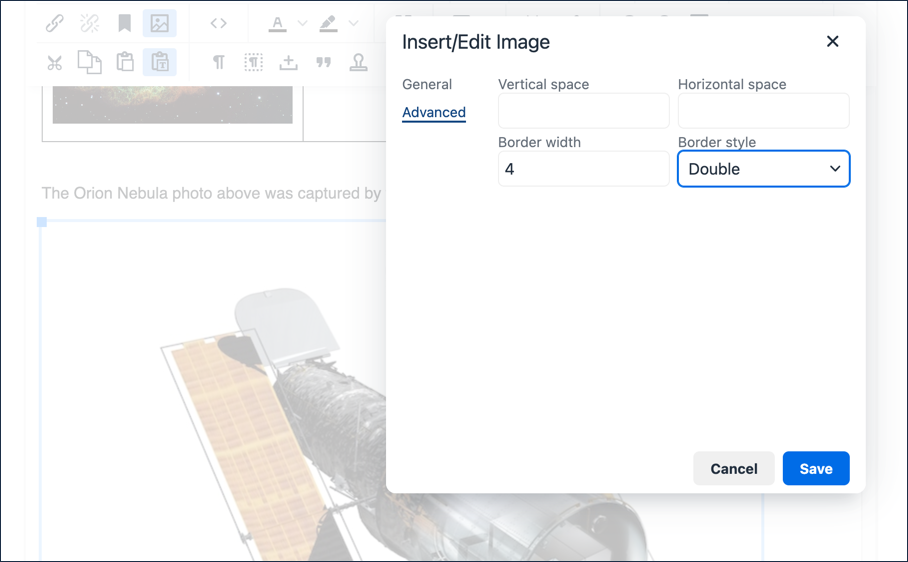 Insert/Edit Image Advanced tab with Border width set to 4 and Border style set to Double