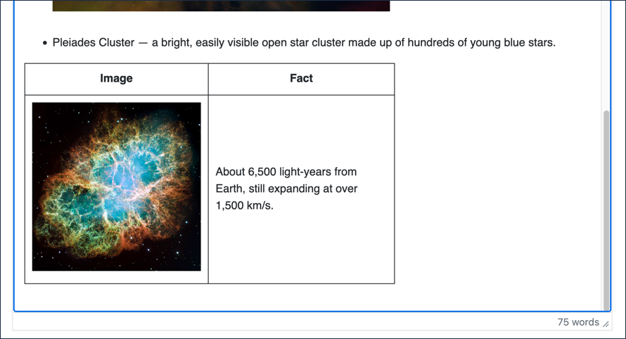 The finished table with the Crab Nebula thumbnail in one cell and a fact beside it