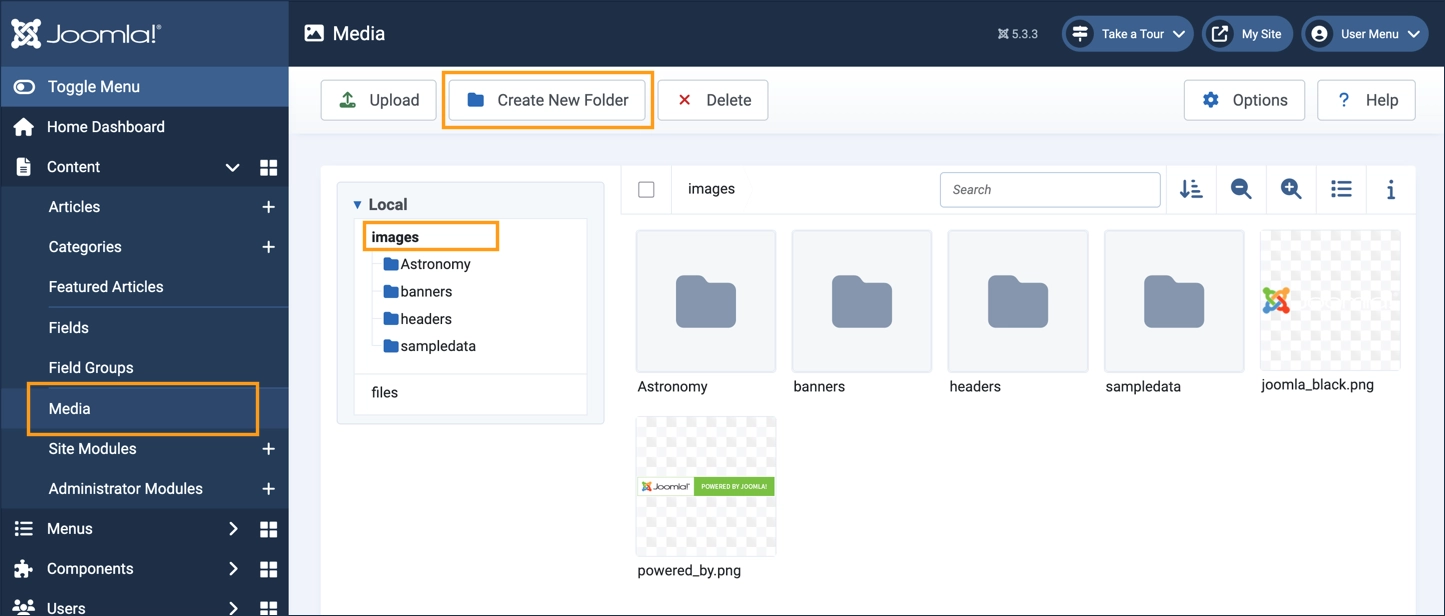 The media component screen with the image folder and create new folder areas highlighted