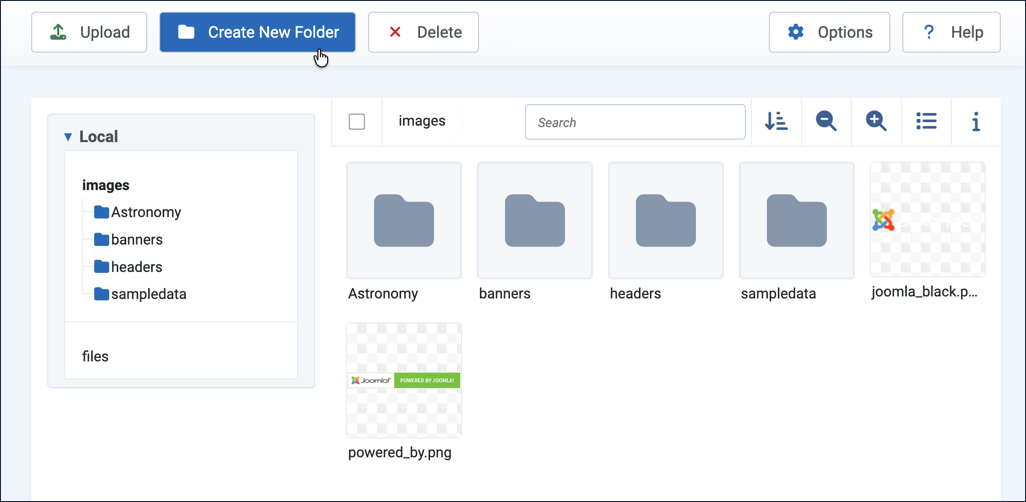 The Media component with the images folder selected and the Create New Folder button visible in the top bar