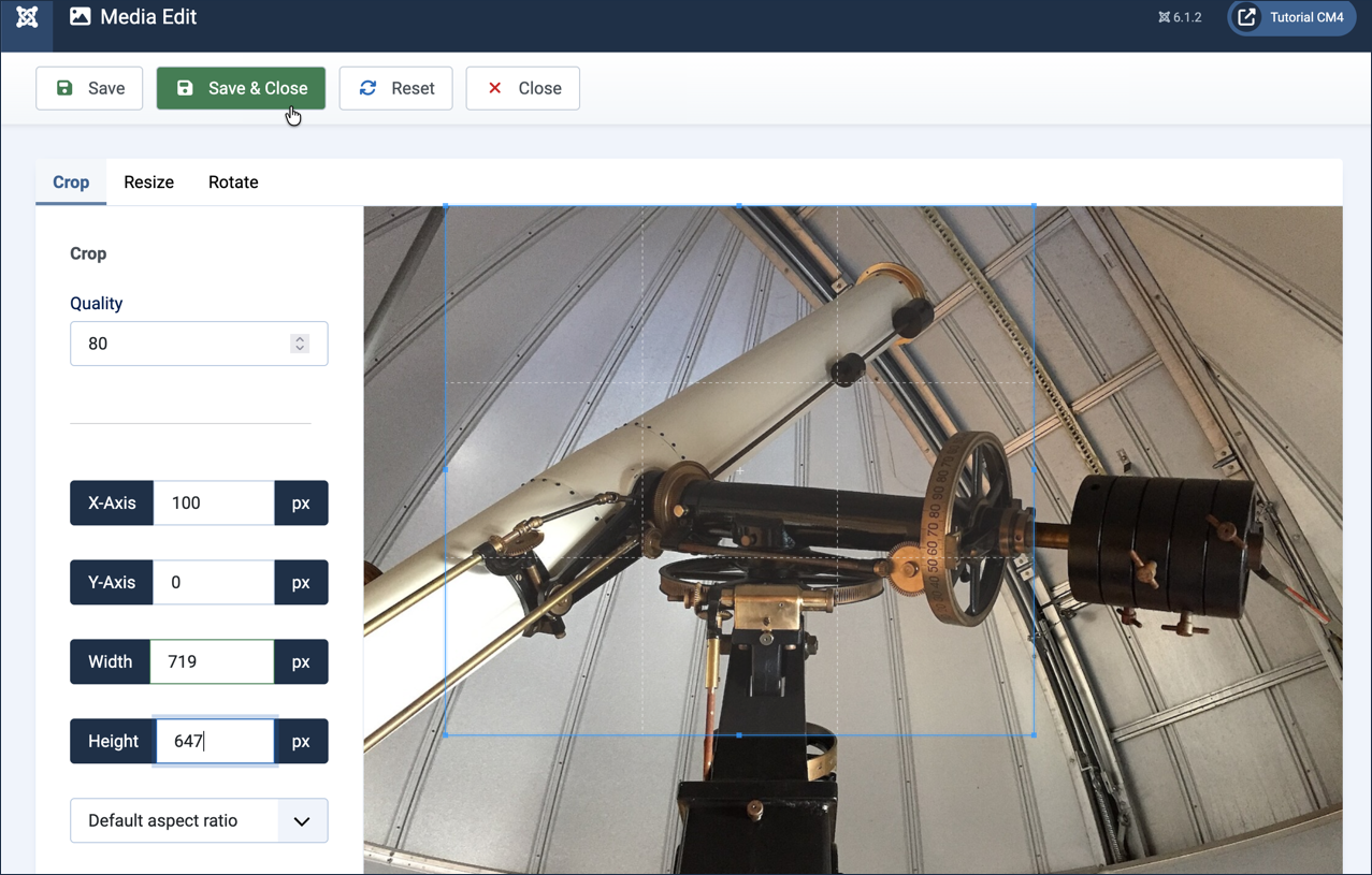 The image Edit screen, Resize tab, width set to 720px