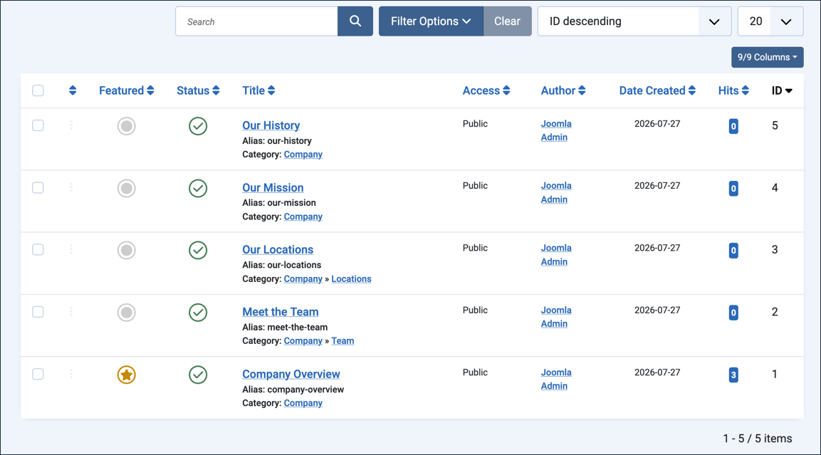 Article list with a gold star in the Featured column for Company Overview, and hollow icons for the other articles