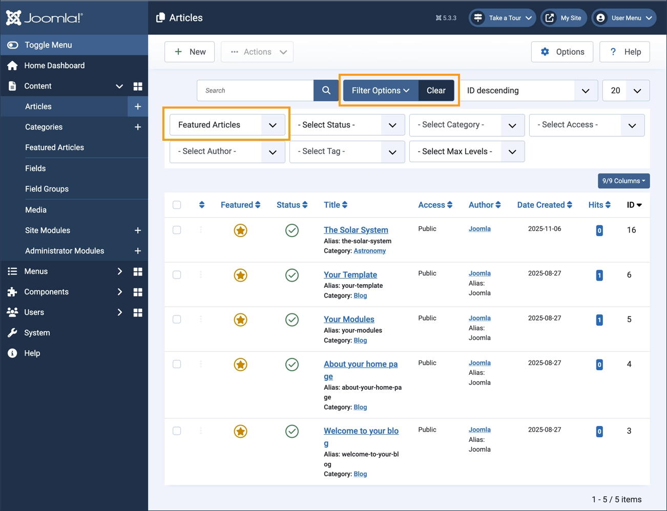 Article list filtered for featured items and highlighting filter controls