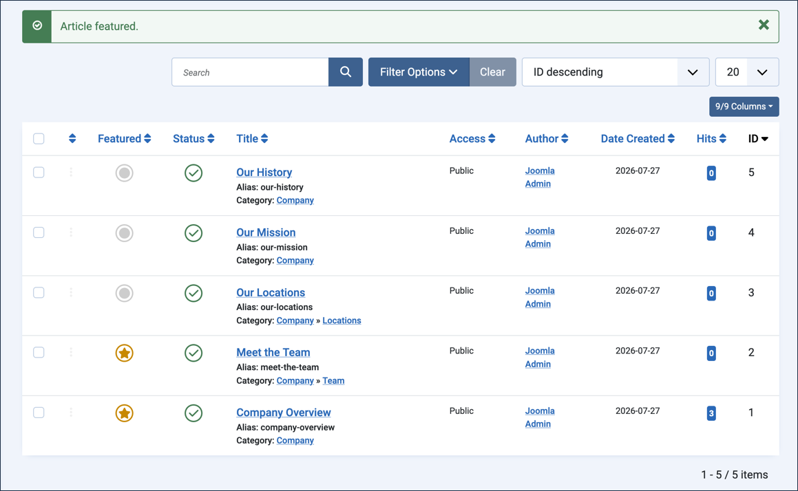 Article list with an Article featured confirmation message, and gold stars in the Featured column for both Meet the Team and Company Overview