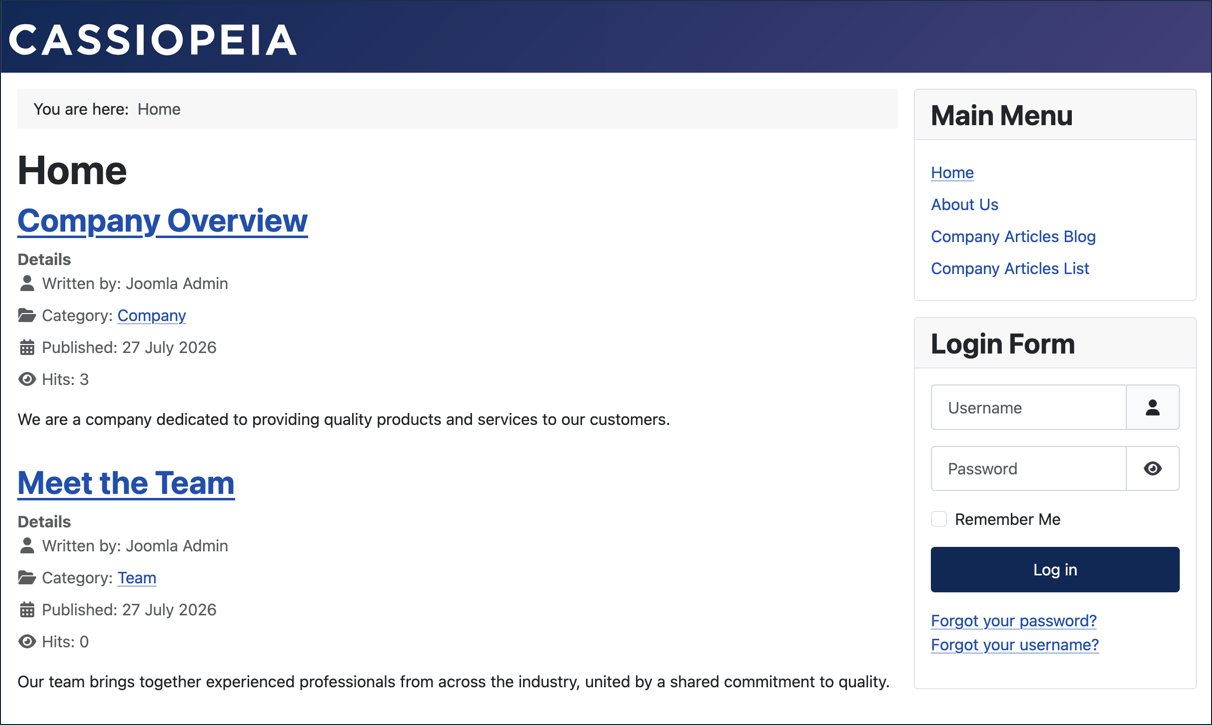 Frontend homepage showing both Company Overview and Meet the Team as featured articles