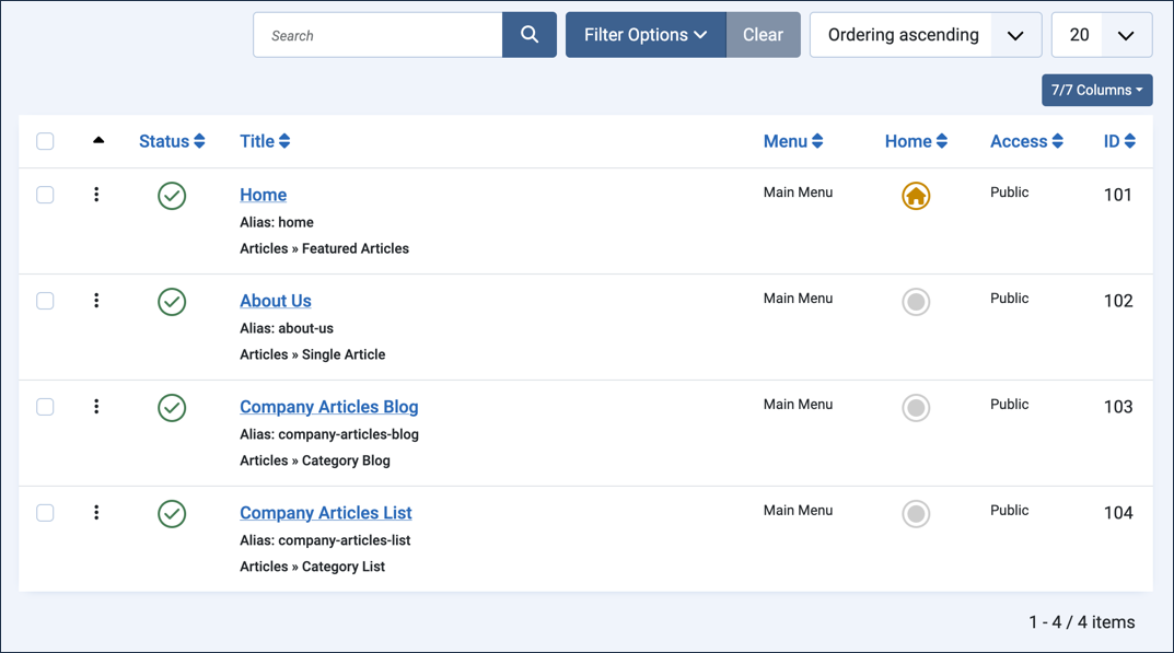 Menu items list showing Home with Articles Featured Articles beneath its title, and About Us, Company Articles Blog, Company Articles List below it