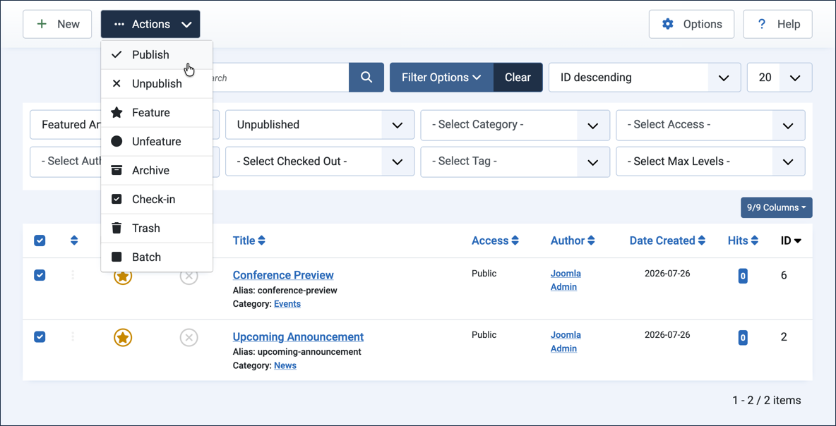 Actions dropdown open with Publish highlighted, two unpublished featured articles selected