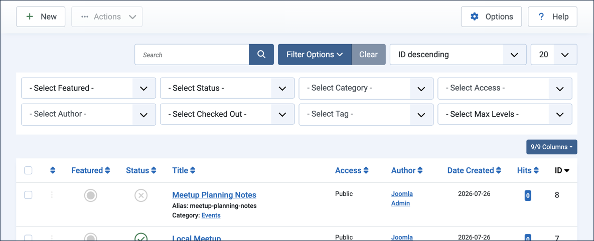 Filter options open above the article list, showing all filter dropdowns