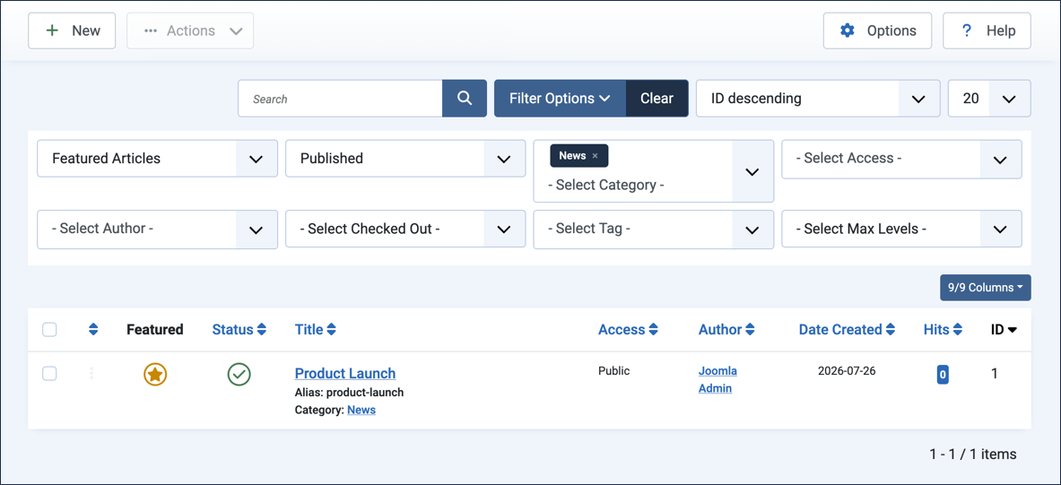 Article list filtered by Featured Articles, Published status, and the News category