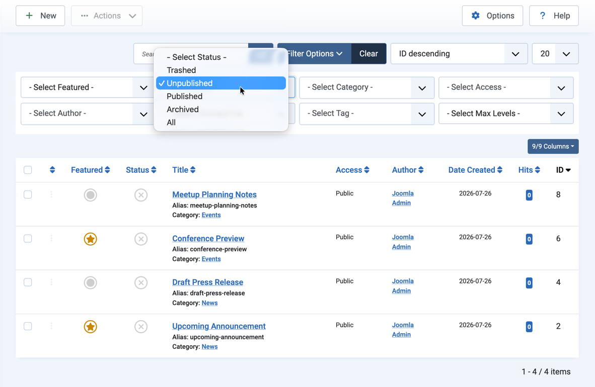 Select Status dropdown with Unpublished selected, showing the four unpublished articles