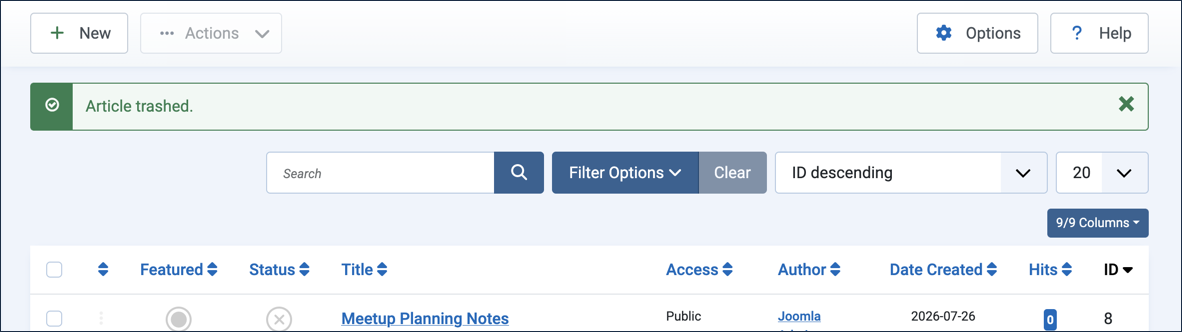Article trashed confirmation message, with Retired Announcement no longer in the list