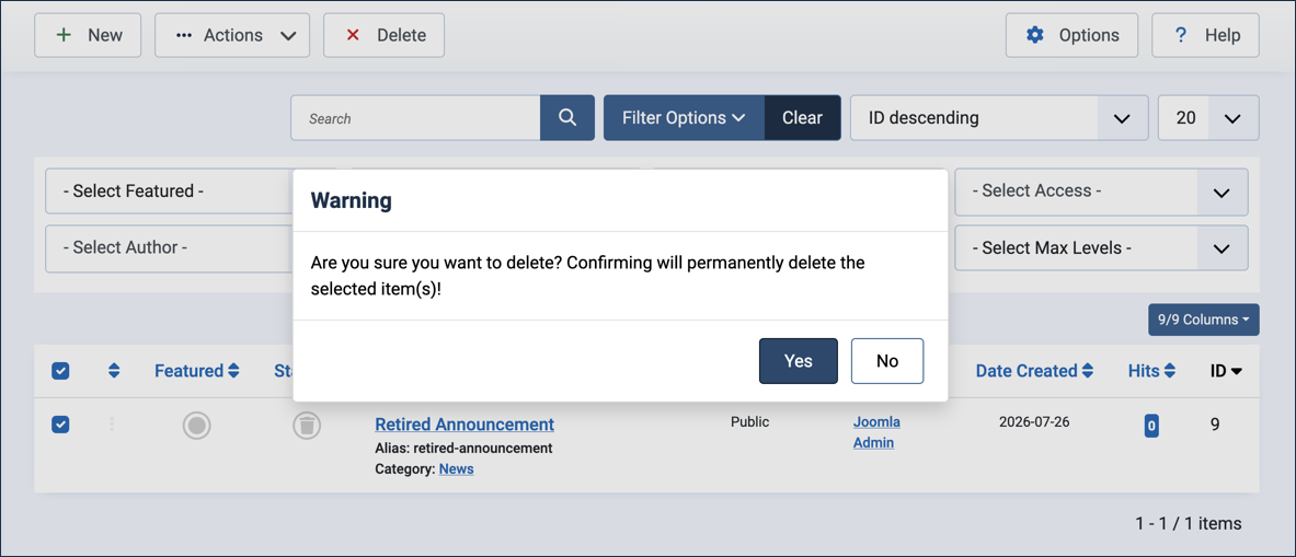 Warning dialog asking to confirm permanent deletion, with Yes and No buttons