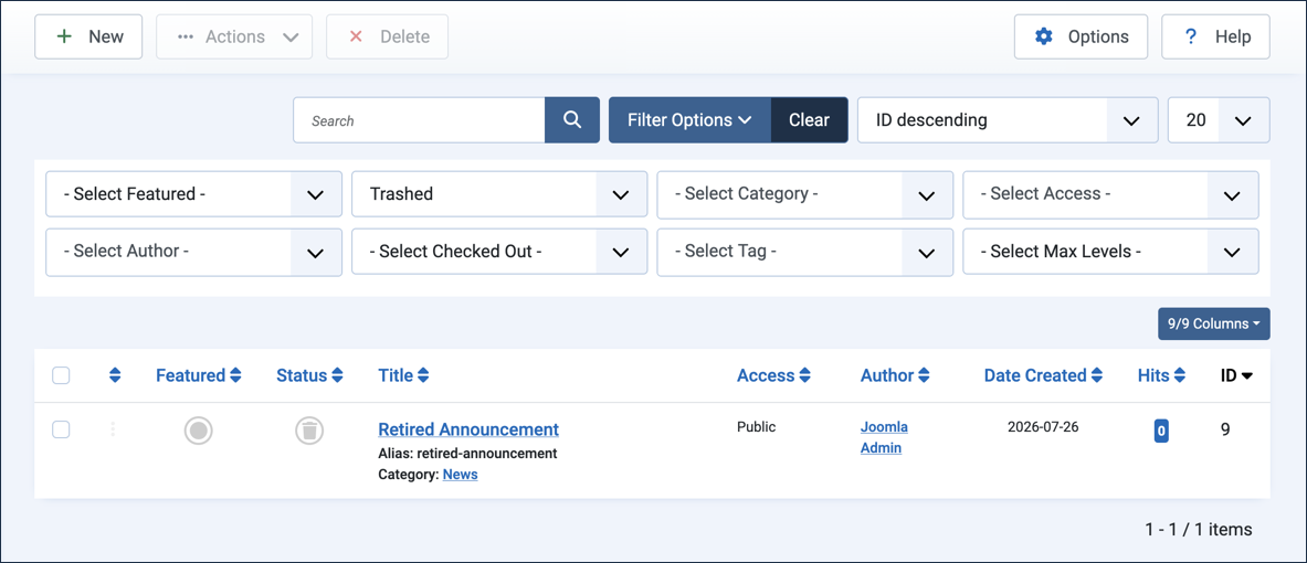 Select Status dropdown set to Trashed, showing Retired Announcement in the trashed list