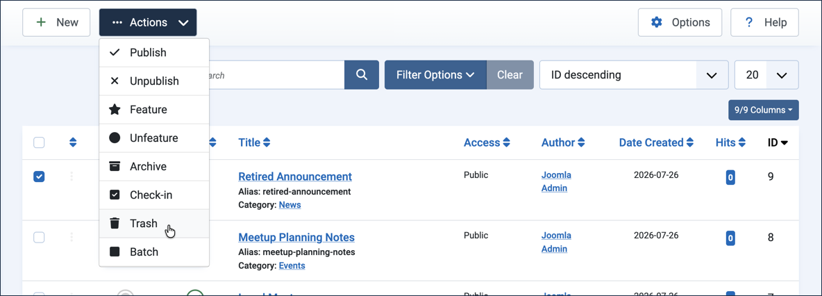 Actions dropdown open with Trash highlighted, Retired Announcement checked in the list