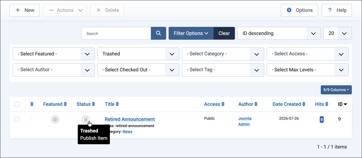 Trashed status icon with a tooltip reading Trashed, Publish Item