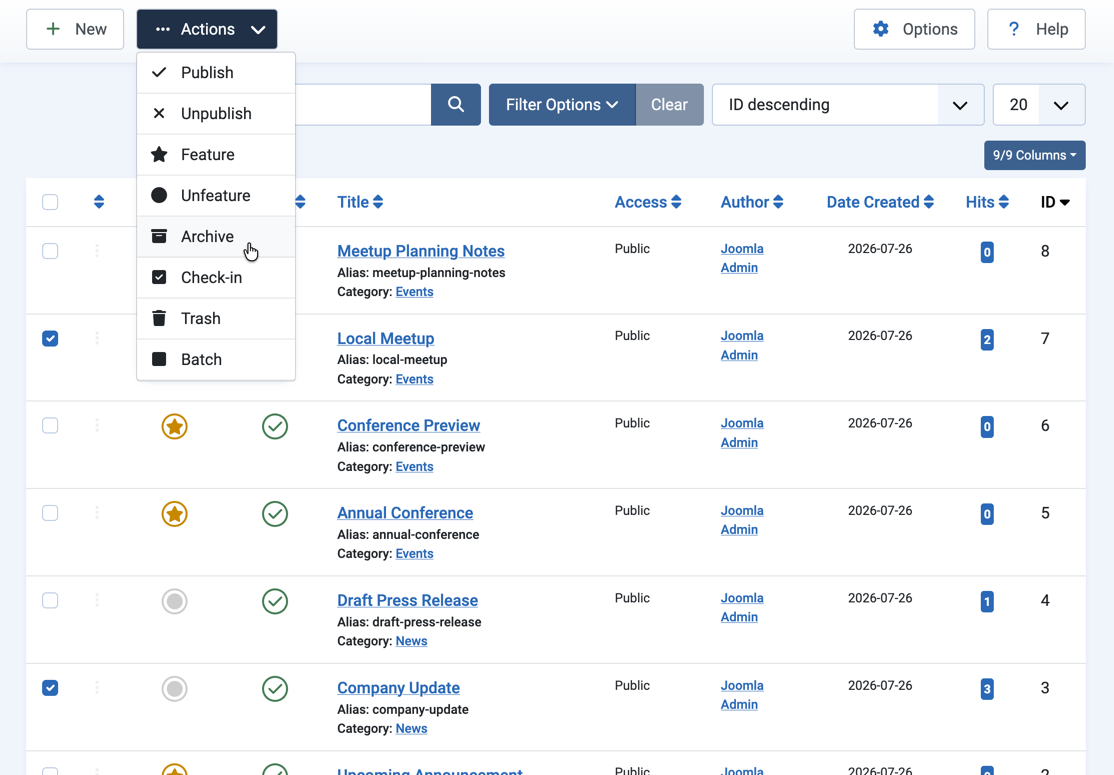 Actions dropdown open with Archive highlighted, Local Meetup and Company Update checked in the list