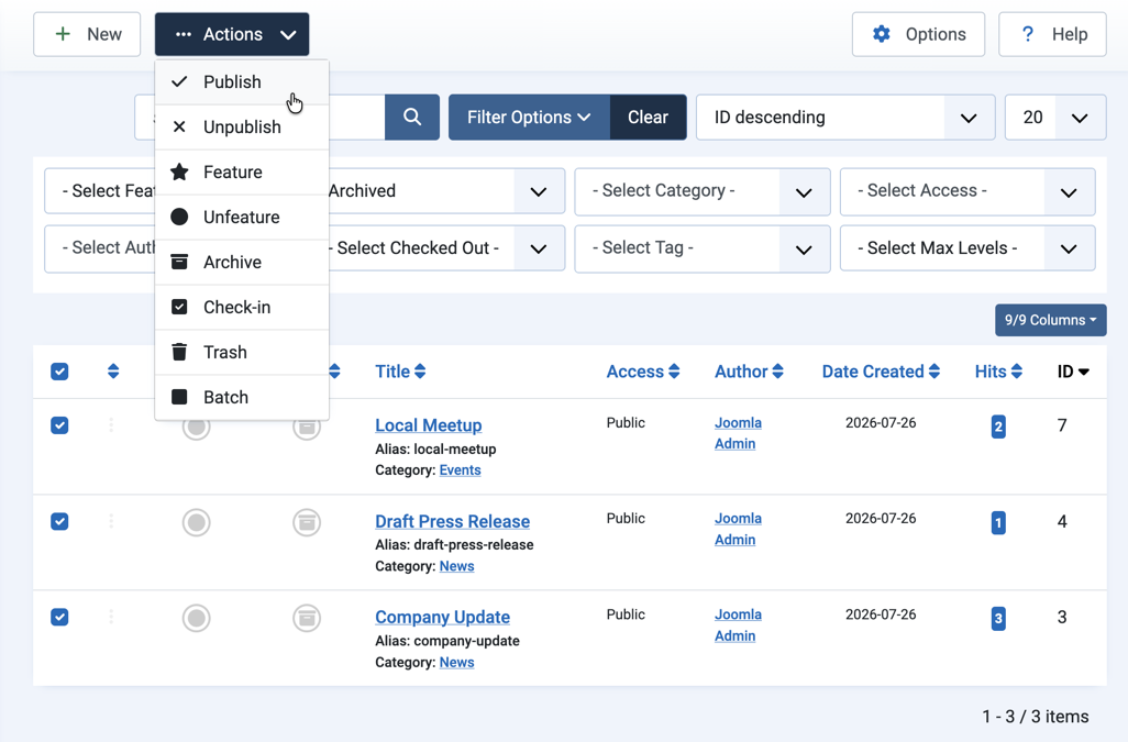 Actions dropdown open with Publish highlighted, three archived articles checked
