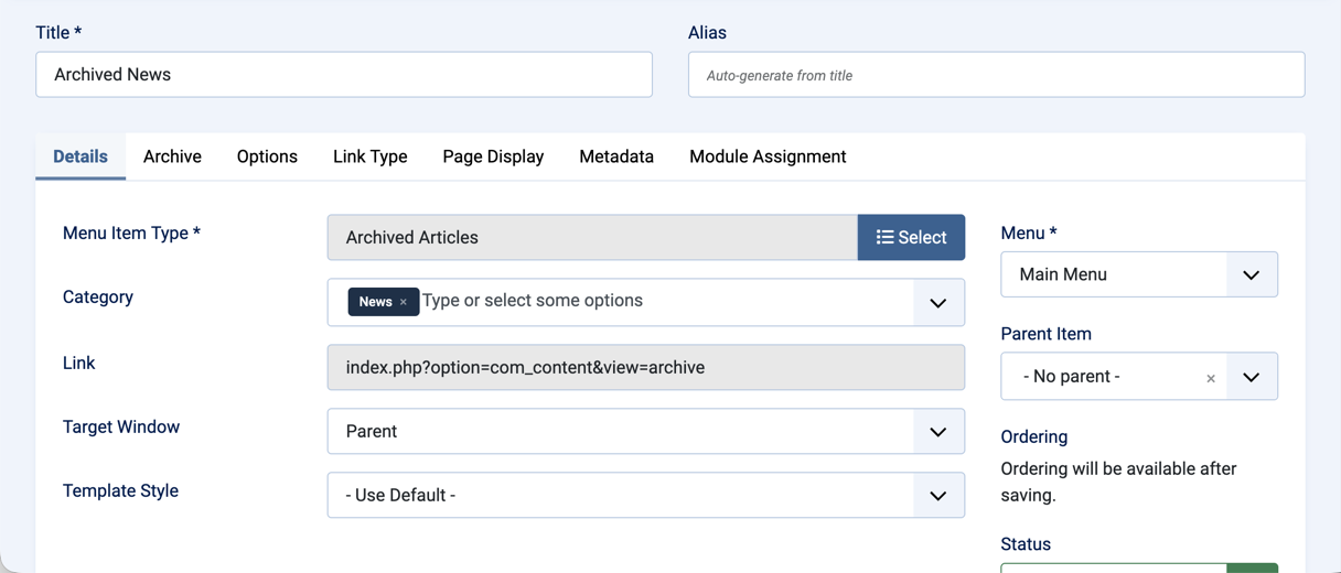 New menu item form with Menu Item Type set to Archived Articles and Category set to News